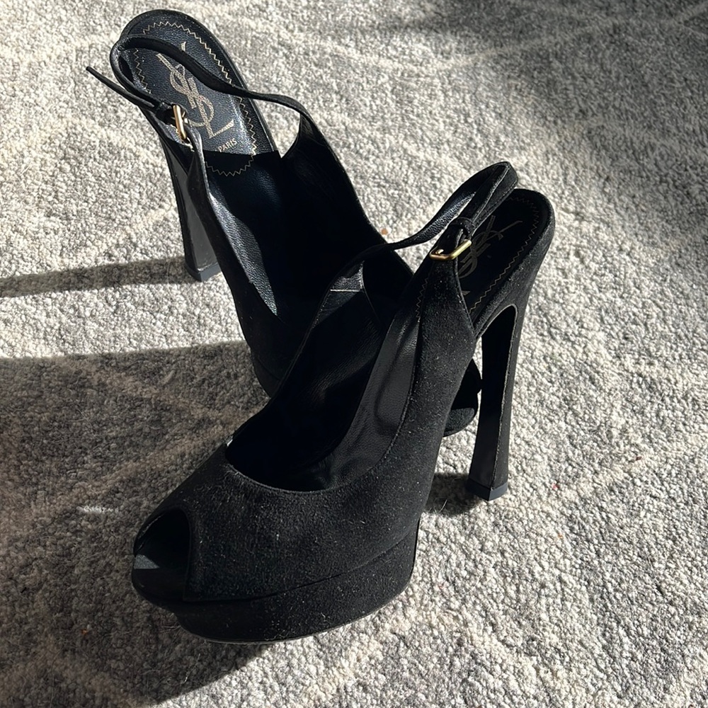 YSL Black Suede Peep Toe Sling backs Size 40 1/2